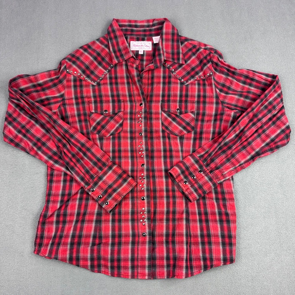 Panhandle Slim Womens Red Black Plaid Studded Western Snap Shirt Large 22S3270